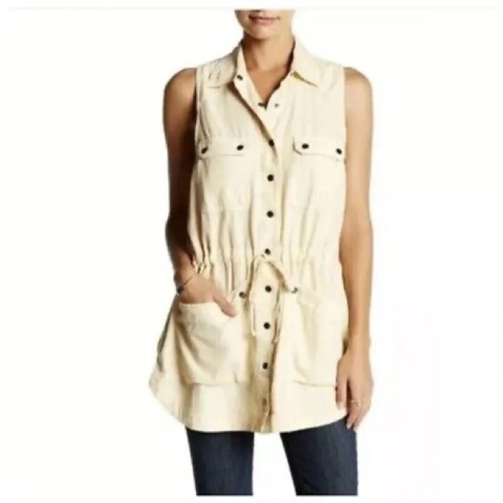 Free People Pale Yellow Button Front Tie Waist Vest Jacket